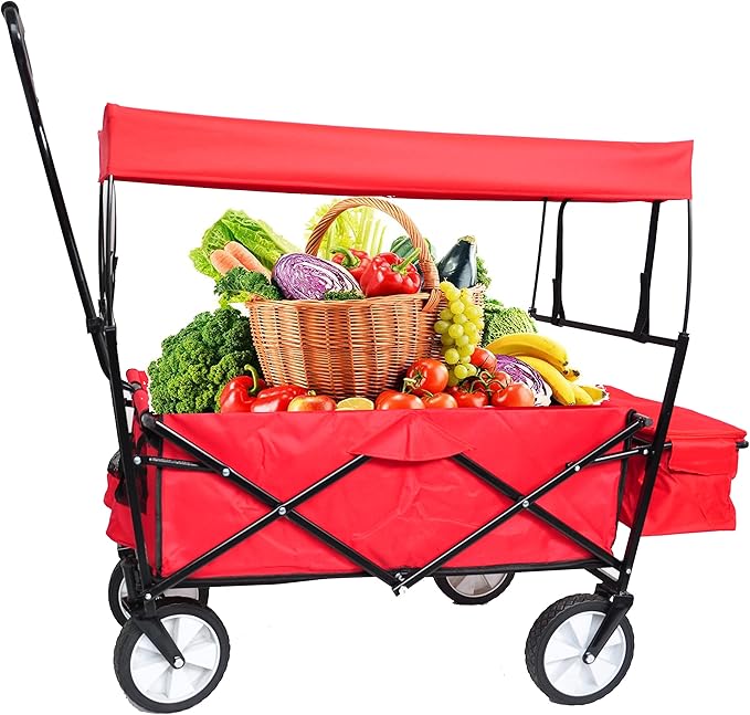 Garden Shopping Beach Cart Folding Wagon with Umbrella Accessories Package for Camping Wagon Camping Outdoor Picnic Beach red One Size