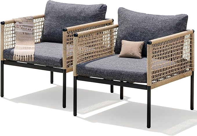 Idzo Oscar Wicker Outdoor Lounge Chair Set of 2, Sturdy Metal Frame, Weather-Resistant Rope Weave, Plush Olefin Cushions, Modern Patio Chairs for Backyard, Balcony, or Poolside