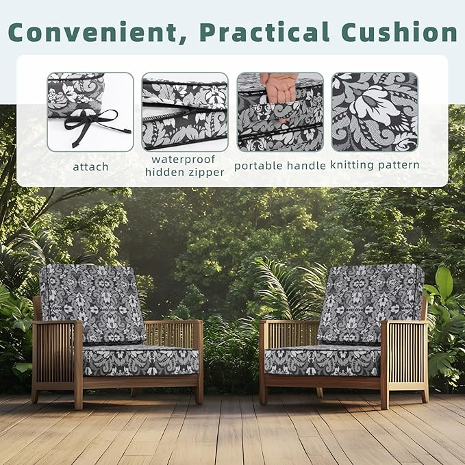 Favoyard Deep Seat Patio Cushion 24 x 24 x 4 in Waterproof Seat & Back Cushion Set with Color Fade Resisitant Pattern, Portable Handle, Attach Straps, Zipper on Removable Cover for Outdoor Furniture