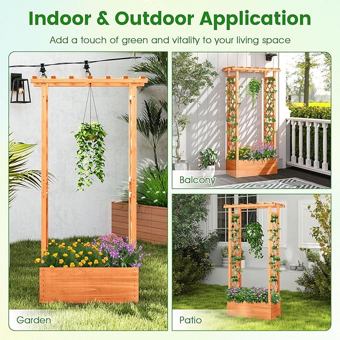 HAPPYGRILL Raised Garden Bed with Trellis, 2 Pack Wood Elevated Garden Bed with Hanging Roof, Planter Box, Drainage Holes for Climbing Plants, Flowers, Vegetables, 31" L x 14" W x 60" H
