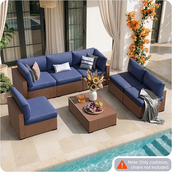 SUNCOZE 14-Piece Outdoor Cushions for Patio Furniture, 25.6"x25.6" Couch Cushion Replacement Designed for 6-Seat Sectional Sofa Sets, Anti-Slip Patio Cushions for Garden, Backyard, Porch (Blue)