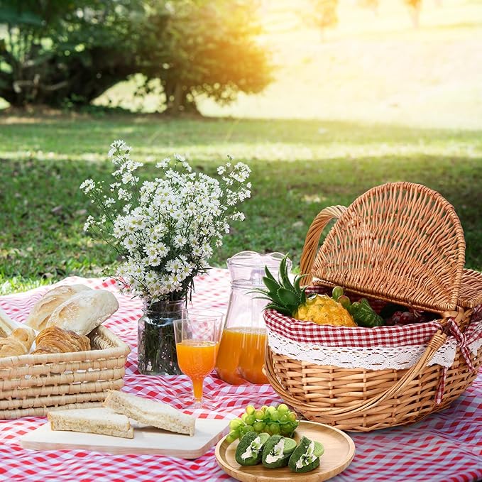 Picnic Basket with Blankets and Bamboo Plates Picnic Supplies Set Basket with Lid and Handle Wicker Picnic Basket Sturdy Woven Body with Washable Lining for Camping(Red)