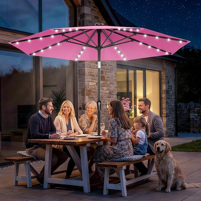 AreShark 9FT Patio Umbrella with Solar Lights, 32 LED Lighted Pool Umbrella w/Tilt and Crank, Outdoor Market Solar Umbrellas for Garden, Deck, Backyard, Pool and Beach, Rose Pink