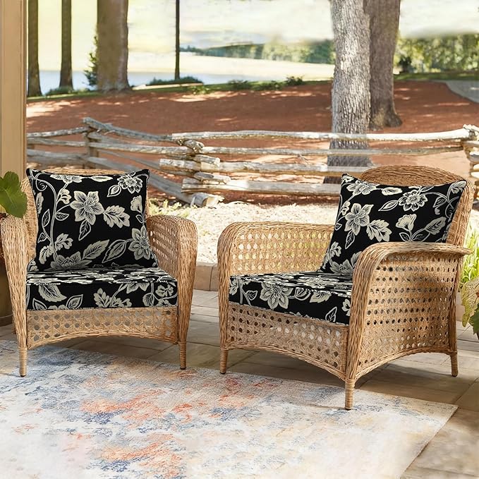 Outdoor Deep Seat Cushion Set, Water Repellent 24"x24" Patio Thick Cushions Replacement with Seat & Back Pillow for Patio Sofa, Wicker Chair, Couch - Vines Black