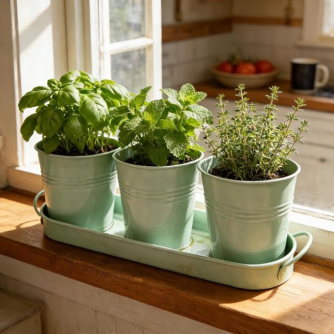 Metal Herb Garden Planter Set with Tray, 3-Pack Green Zinc-Coated Windowsill Plant Pots with Drainage Holes & Handles for Indoor Outdoor Kitchen Garden