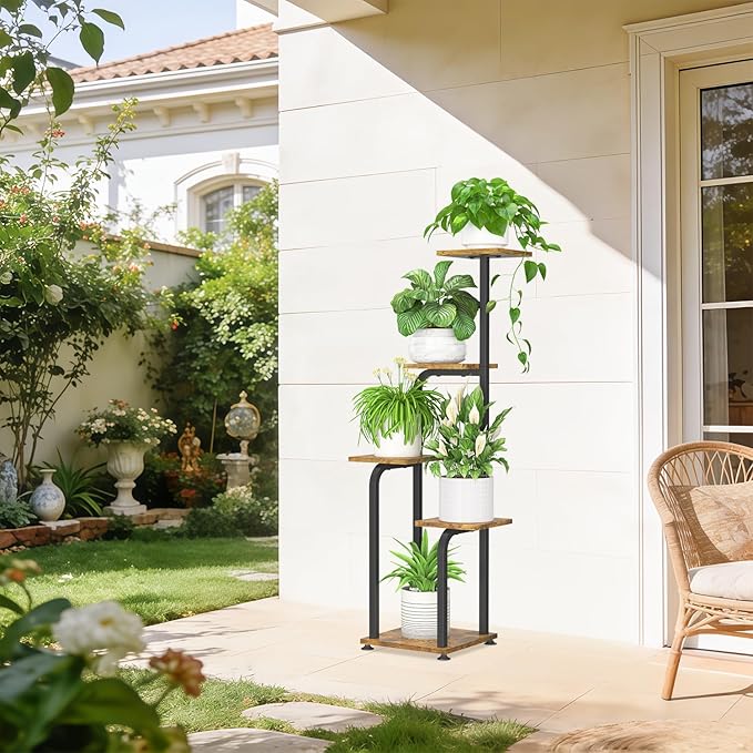 iDavosic.ly Tall Plant Stand Indoor, 4 Tier Corner Multiple Flower Holder Shelf with Wooden Trays, Space Saving Display Rack for Living Room Balcony Patio Porch Outdoor | Black & Brown