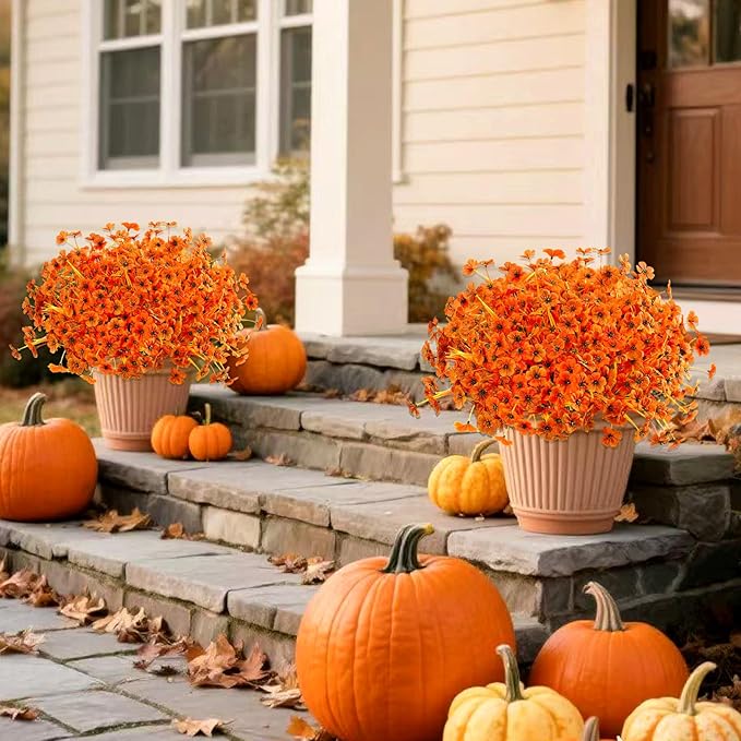 Artificial Mums Fall Fake Flowers for Outdoors, 12 Bundles Faux Mums for Outdoor Planters Autumn Decorations,UV Resistant Silk Flowers for Front Porch Garden Patio Home Decor(Sunset Orange-red)