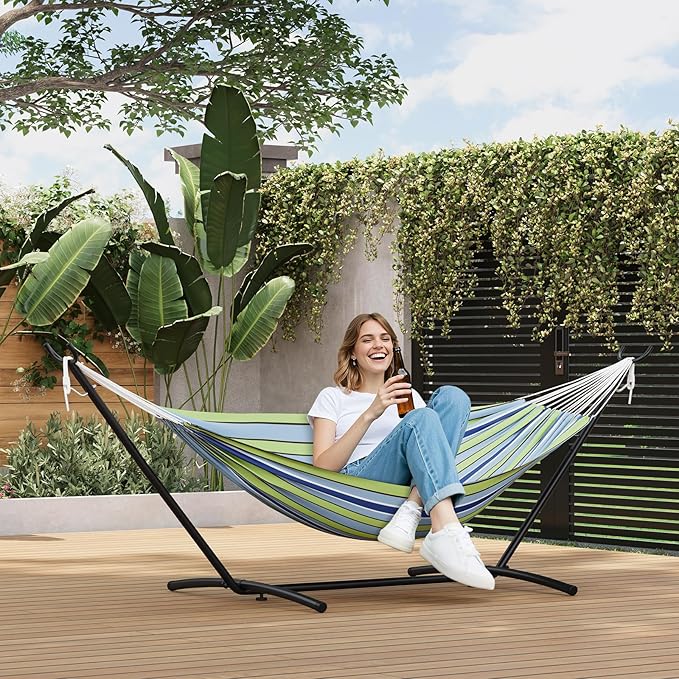 Double Hammock with Space Saving Steel Stand Included - 2 Person Camping Hammock with Carry Bag, Outdoor Portable Hammocks, 450lb Capacity, Standing Hammocks for Garden Yard-Blue and Green