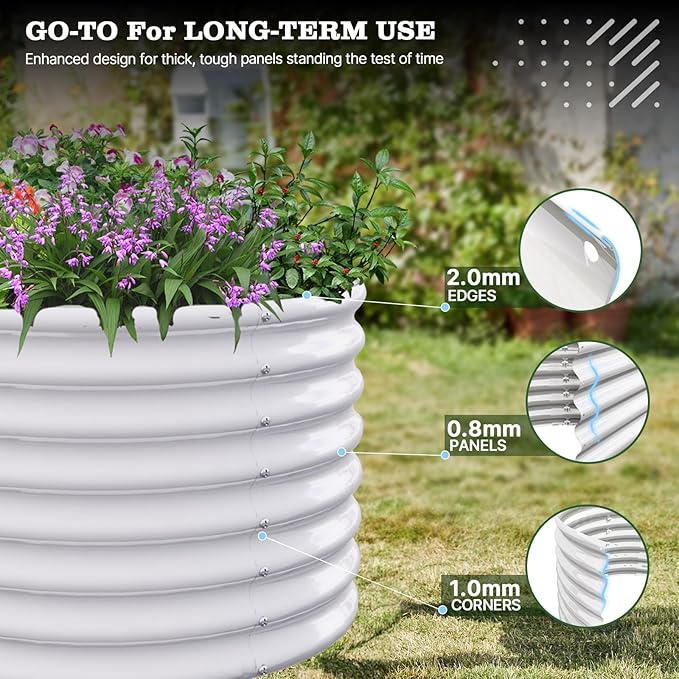 A ANLEOLIFE 6-Piece 24 Inch Tall Antique White Raised Garden Beds Kit, Oval & Round Metal Planters – Ideal for Backyard Vegetables Flowers Herbs