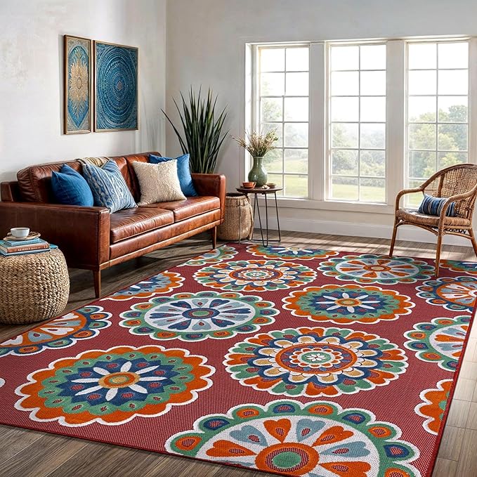 Outdoor Rug 8x10 Washable Area Rugs Indoor Outdoor Carpets Red Bohemian Medallion Non Shedding Waterproof Easy Clean Patio Deck Porch Living Room Bedroom Garden RV (8 X 10 Red)