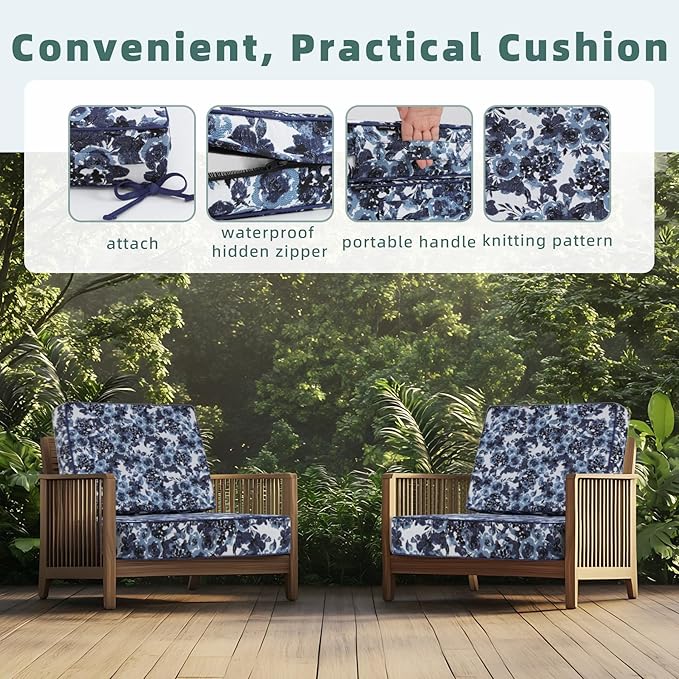 Favoyard Deep Seat Patio Cushion 22 x 22 x 3 in Waterproof Seat & Back Cushion Set with Color Fade Resisitant Pattern, Portable Handle, Attach Straps, Zipper on Removable Cover for Outdoor Furniture