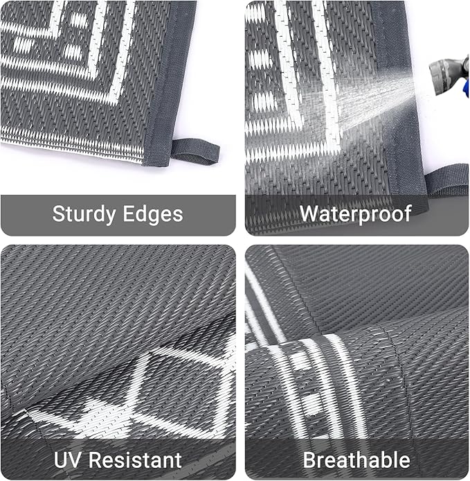 Garvee Outdoor Rug 10x14 for Patios Clearance,Waterproof Mat,Large Outside Carpet,Reversible Plastic Straw Camping Rugs,Porch,Deck,Balcony,Backyard,White/Grey