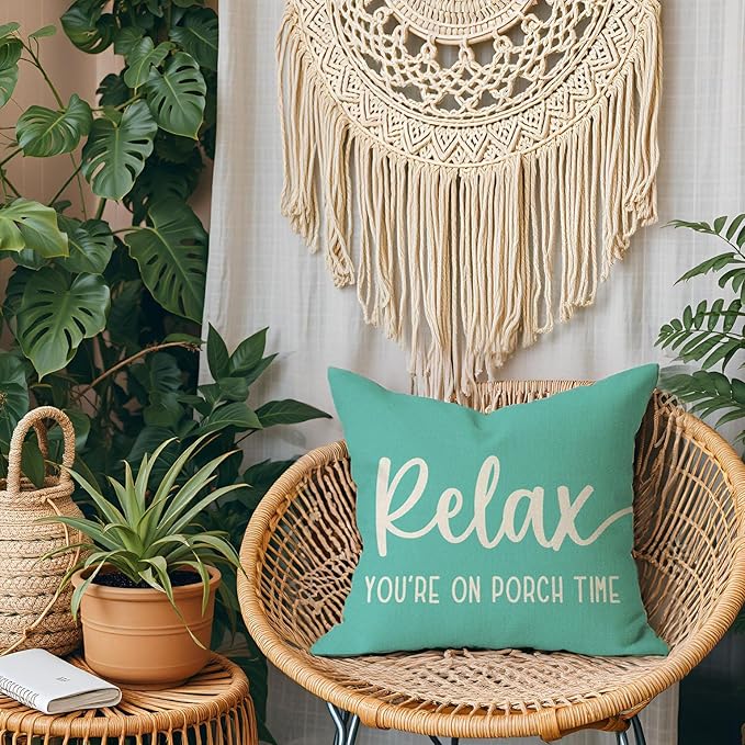 PANDICORN Farmhouse Throw Pillow Covers 18x18 Inch Relax Porch Time Turquoise Summer Beach Outdoor Decorations Pillow Decorative Throw Pillows Cases Cushion Covers for Porch Couch Sofa Decor
