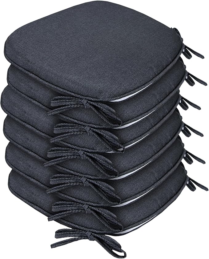 SleepMan Outdoor 17"x16" Chair Cushions with Ties Set of 6, Water Resistant All Weather U-Shape Seat Pads for Patio Garden Furniture Indoor Fade Resistant Patio Cushions (Grey Black)
