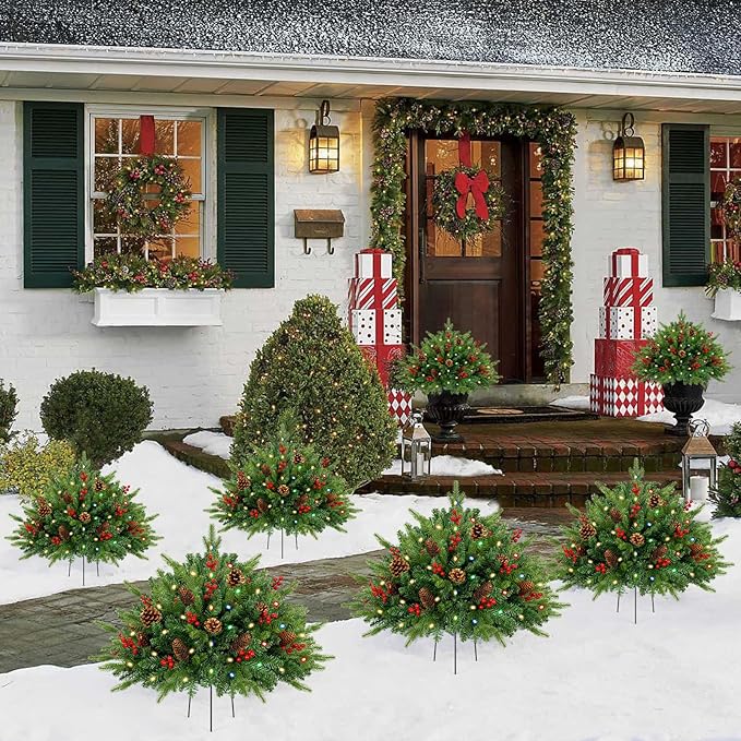 2 Pack 24 Inch Christmas Urn Filler, Dual Color Change & Timer Christmas Tree with Pinecones Red Berries Tripod Stake Battery Operated 8 Mode for Porch Outdoor Xmas Trees Christmas Decorations