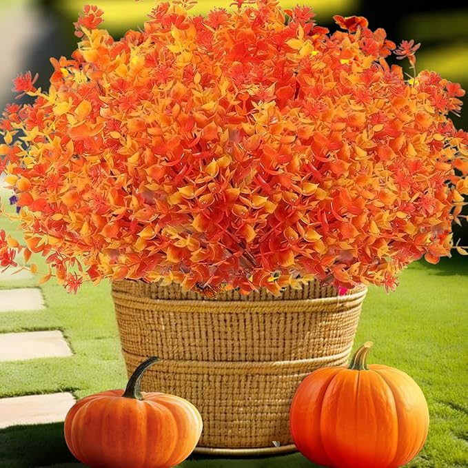 Artificial Fall Flowers for Outdoors, 10 Bundles Faux Flower UV Resistant Fall Fake Mums Plants for Outside Halloween Christmas Porch Decoration Fall Decor(Orange(Eucalyptus))