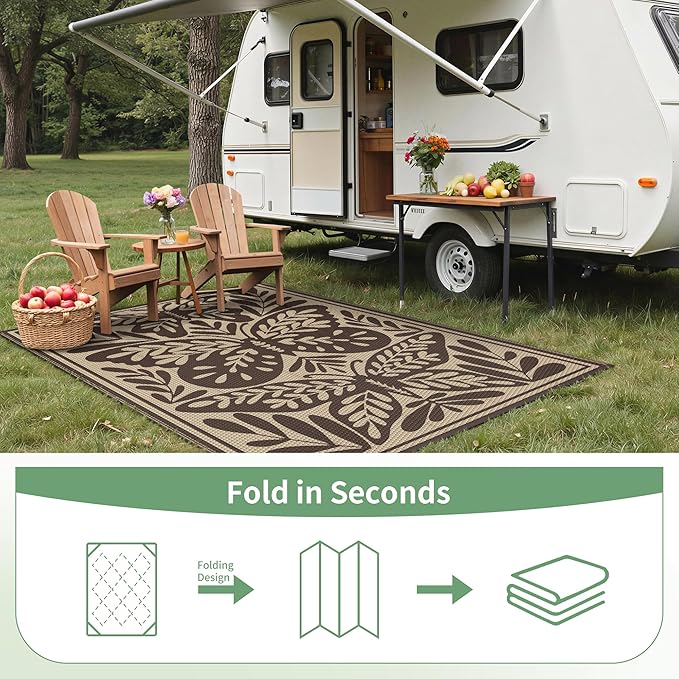 GENIMO Outdoor Rug 6' x 9' Waterproof for Patio Clearance, Reversible Plastic Straw Camping Mat, Lightweight Carpet for Rv, Camper, Deck, Porch, Picnic, Balcony, Beach, H.Coffee & Beige