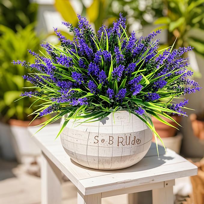 Geegoods 24 Bundles Artificial Plants Flowers Outdoor – Faux Lavender Flowers with Monkey Grass UV Resistant Plastic Faux Plants for Garden Porch Window Patio Hanging Planter Home Decor (Pack of 2)