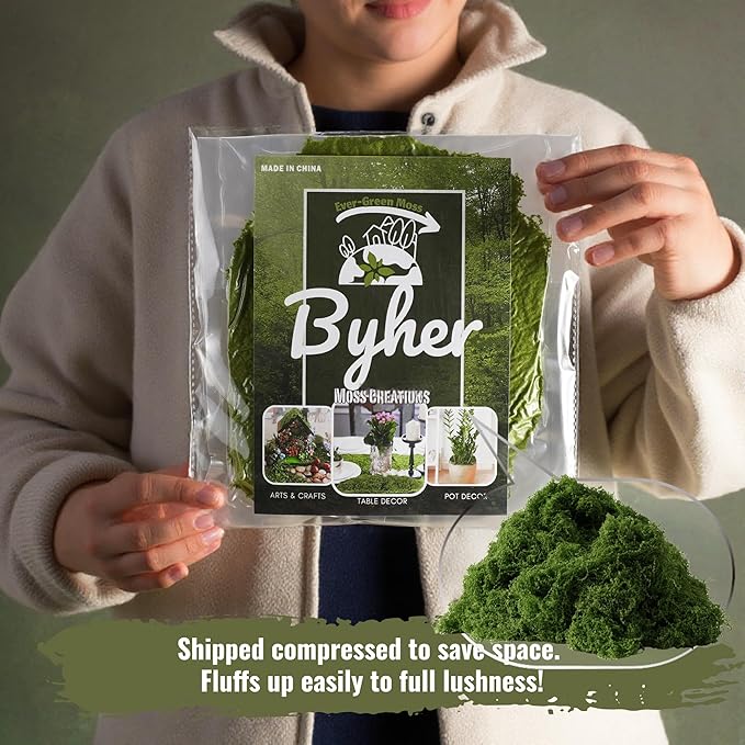 BYHER Fake Moss for Crafts – 3.5OZ Fluffy Cloudlike Artificial Moss for Potted Plant Indoor & Fairy Gardens – Realistic Green Moss Alternative for Terrariums, Dioramas, Model Scenes (Dark Green)