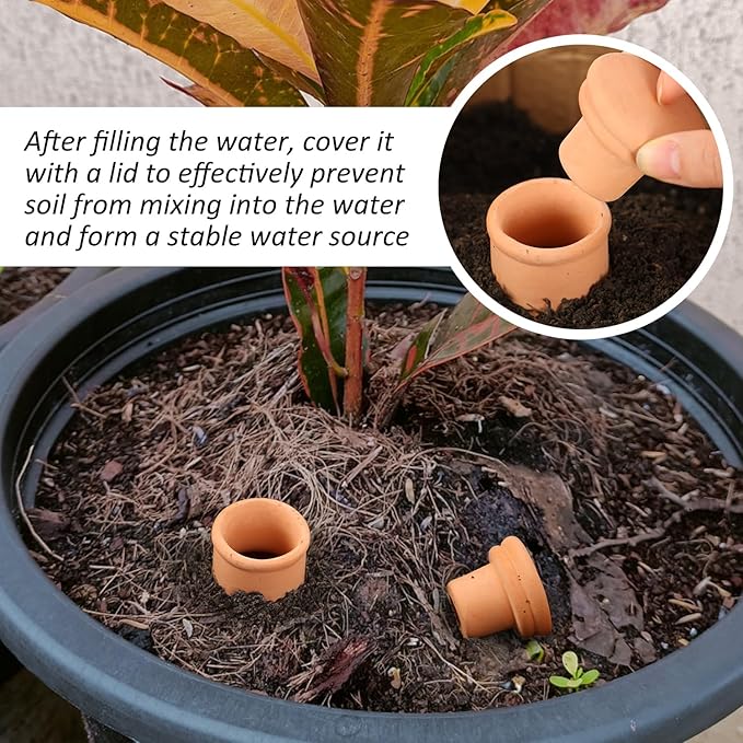 3pcs 10*3.5*3.5in Ollas Self Watering Planter Watering System 30.5oz Plant Watering Globes Clay Watering Pot with lid Terra Cotta Clay Irrigation Globes Insert Drip Irrigiation Olla System