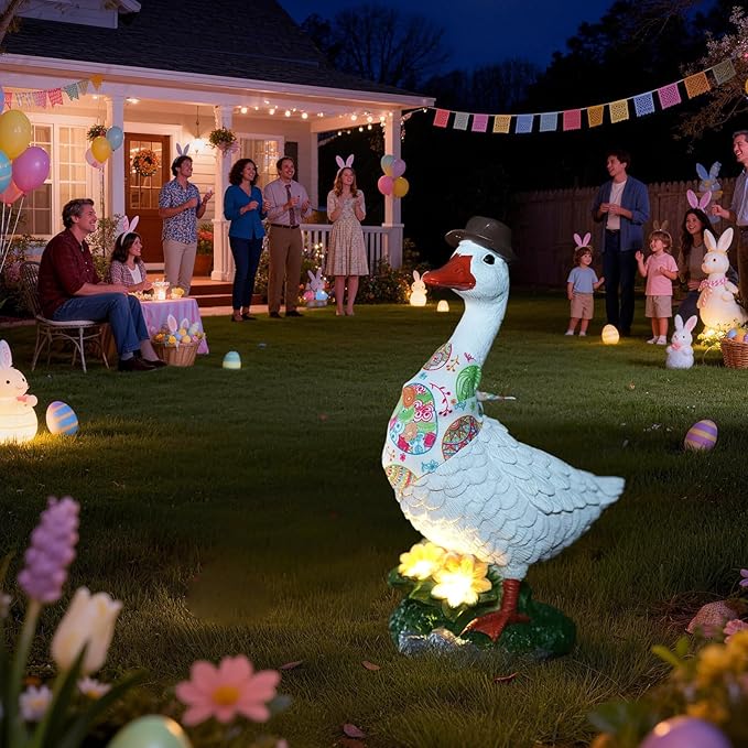 Porch Goose Garden Statue with Solar Glowing Flower, 10" Solar Duck Decorative Figurine for Outdoor, Valentine St.Patrick Easter Christmas Seasonal Scarves for Patio Yard Decor - Unique Gift for Women