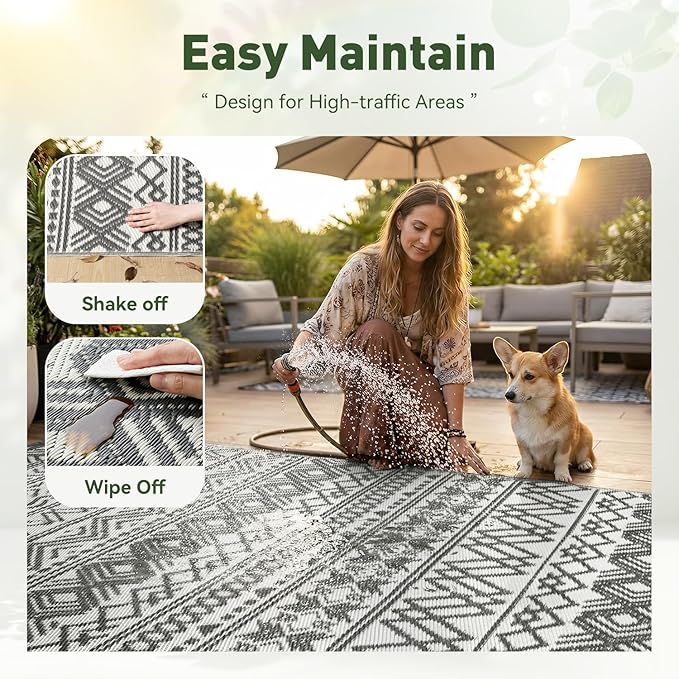 MontVoo Outdoor Rug Carpet Waterproof 9x12 Outdoor Patio Rug Mat Reverisble Plastic Straw Outdoor Rug for RV Camping Picnic Beach Balcony Boho Grey Large
