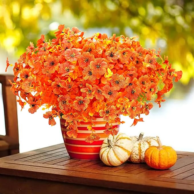 12 Bundles Artificial Fall Fake Mums for Outdoor, Autumn Faux Mums Flowers UV Resistant Plastic Greenery Garden Porch Patio Fall Thanksgiving Home Decor