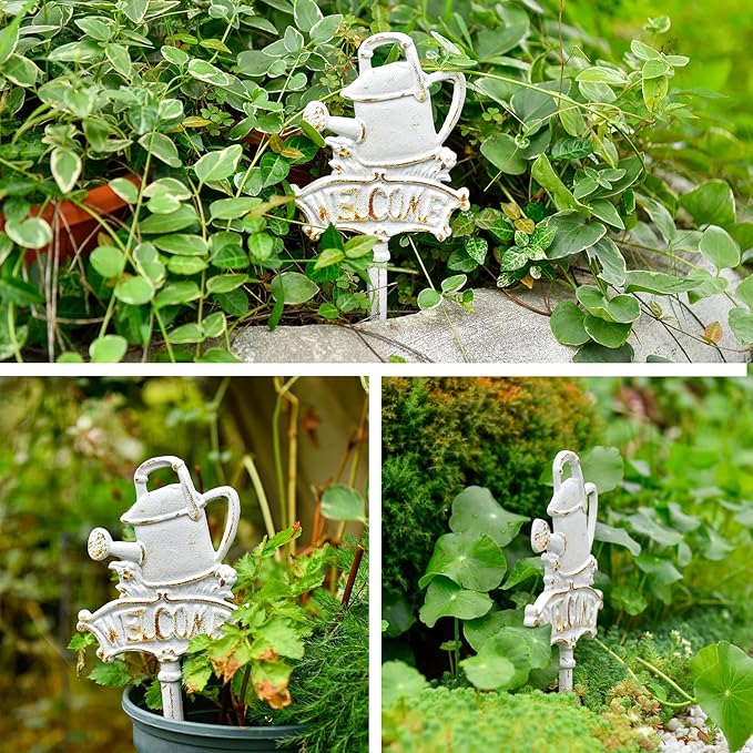 Sungmor Vintage Cast Iron Decorative Garden Stake, Rustic White Welcome Yard Art Sign with Stake, 12.6" Tall Metal Watering Can Stake with Welcome Sign, Lawn Patio Backyard Outdoor Spring Decor
