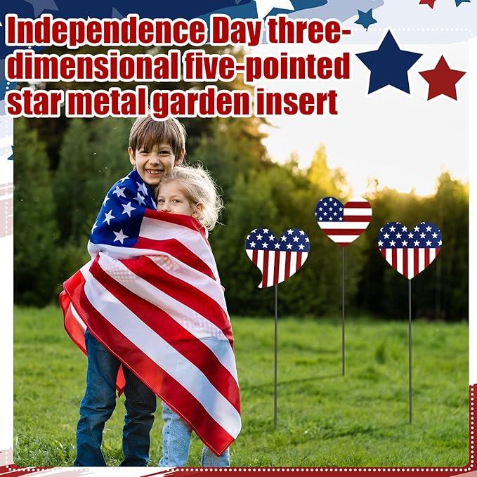 Pickmesh 6 Pcs 12" H Patriotic Metal Yard Sign Patriotic Heart Garden Stake 250th Anniversary USA Flag American Yard Sign for Memorial Day Outdoor Decor 4th of July Independence Day Decoration