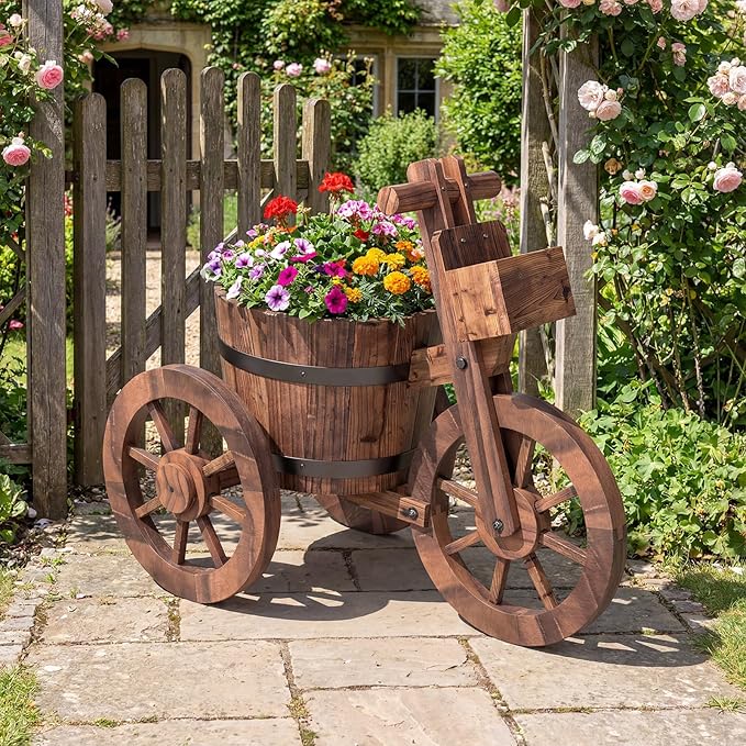 Giantex Wooden Wagon Planter with Wheels, Rustic Wood Plant Stand with Drainage Hole for Flowers Herbs Vegetables, Indoor Outdoor Decorative Garden Flower Cart for Patio Backyard Balcony (2)