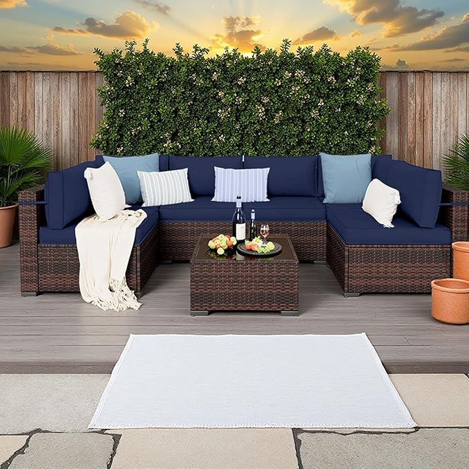 14 Piece Outdoor Replacement Cushions for Patio Furniture, Water-Resistant Sectional Sofa Cushions,Fits 6-seat Sectional Rattan Conversation Set,Liner and Cover (Navy Blue)