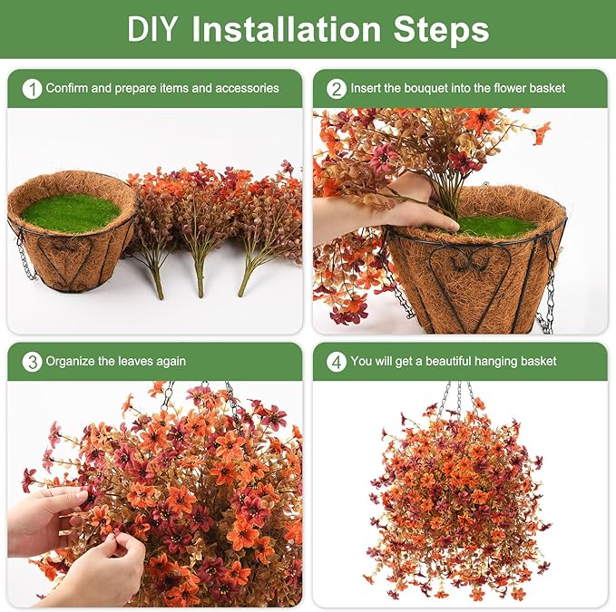 INQCMY Fall Artificial Faux Hanging Flowers Plants Basket for Outdoor Outside Decoration,Fake Silk Daisy in Planter Realistic UV Resistant for Home Porch Balcony Patio Yard Autumn Decor(Orange Brown)