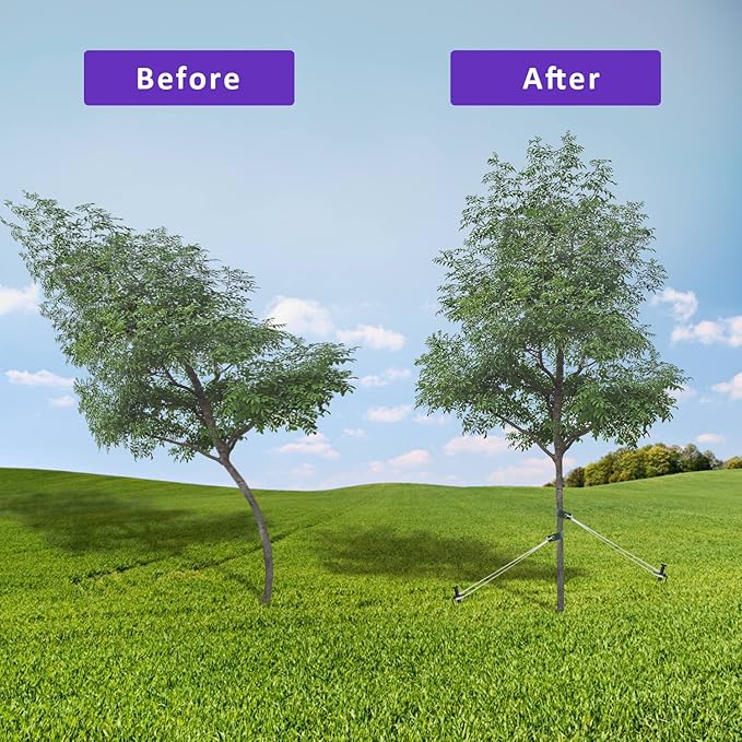 Heavy Duty Steel Tree Stake Kits,Tree Staking and Supports Kits for Young Trees Against Bad Weather, Include 3 PCS Tree Straps for Staking, 3 PCS 11.8 Inch Tree Stakes and 31.2 Feet Rope for Anchoring