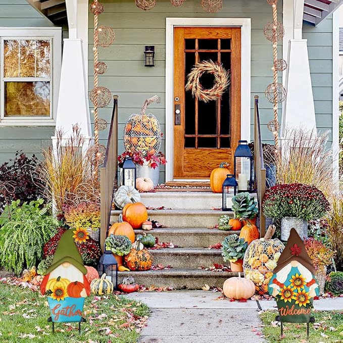 PHITRIC Fall Decorations for Home Outdoor, 2 Pcs Metal Gnome Decorative Garden Stakes with Pumpkins Sunflower for Fall Decor, Yard Signs for Garden Home Lawn Patio Thanksgiving Decorations