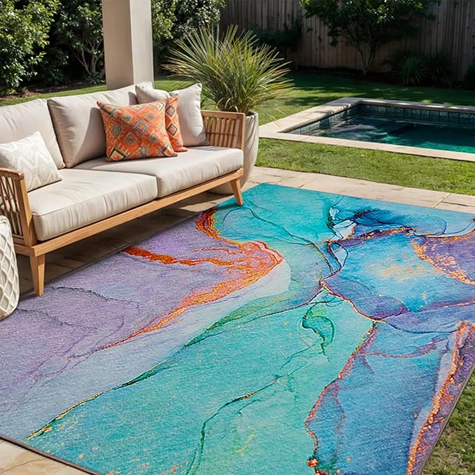 Tropical Washable Indoor Outdoor Rug, 5' x 7.6', Teal, Stain Resistant, Easy Clean, Tropical Rug for Indoor/Outdoor Patio, Deck, Porch, Garden, Courtyard