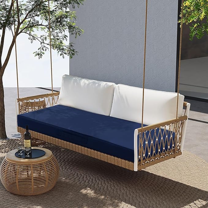Outdoor Bench Cushion 4 inches Memory Foam Waterproof Patio Furniture Bench Cushion Porch Swing Cushion with Handle and Adjustable Strap, 60 x 18 Inch Navy