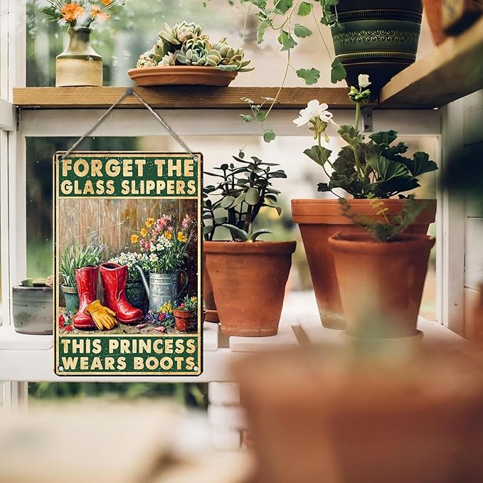 PEACHGARDEN Funny Garden Signs Metal Tin Sign Forget The Glass Slippers This Princess Wears Boots Poster Garden Wall Decor for Outdoor Yard Patio Greenhouse 8x12inch