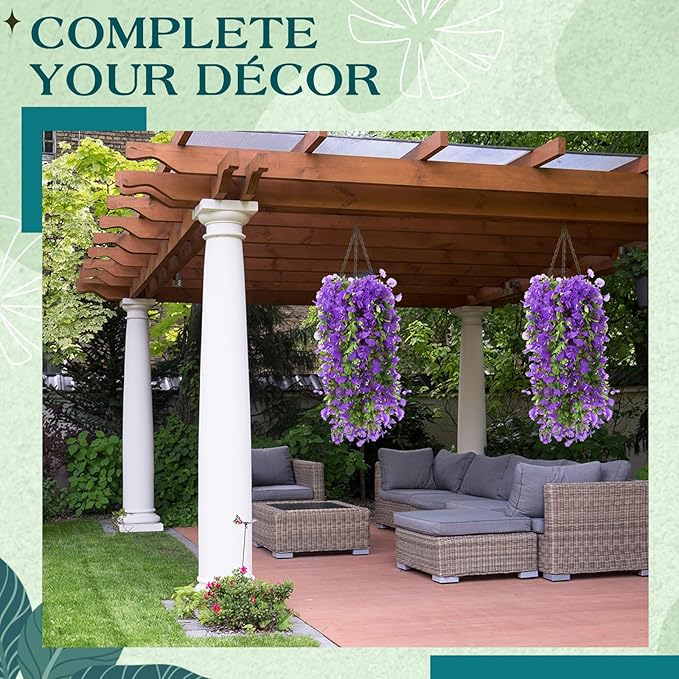 Hotop 2 Set Artificial Hanging Flower Basket and 6 Pcs Bougainvillea Silk Vine Flower for Outdoor Indoor UV Resistant Faux Hanging Plant Coconut Lining Planter Pot(Purple)