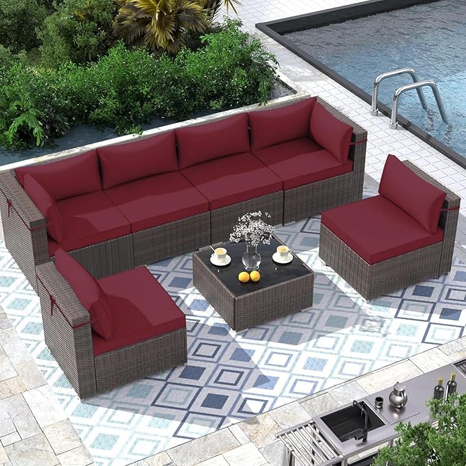 Outdoor Sectional Cushions Replacement Set, 26x26in Patio Furniture Cushions, 14 Pieces Waterproof Outdoor Couch Cushion for 6 Seat Wicker Conversation (Burgundy)