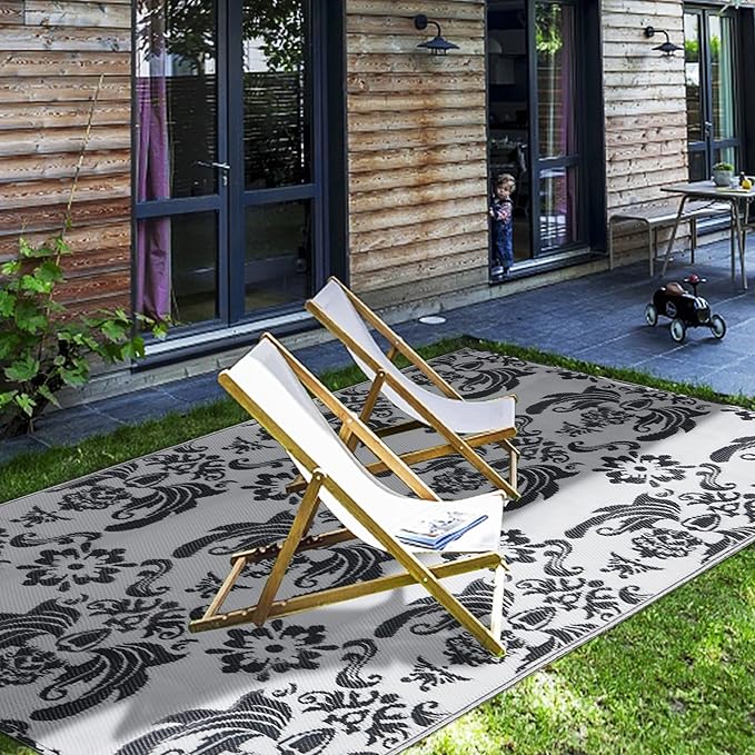 Reversible Mats, Plastic Modern Straw Area Rug, Large Floor Mat for Outdoors, RV, Patio, Backyard, Deck, Picnic, Beach, Camping (Baroque Grey & White, 5' x 8')