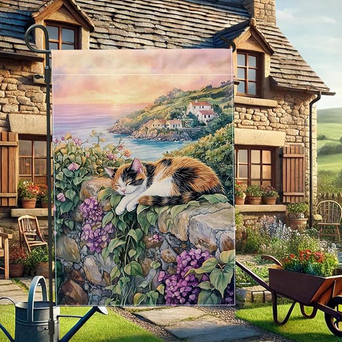 Spring Summer Cat Garden Flag, Calico Cat Relaxing Floral Home Decor Garden Banner, Double Sided Polyester Yard Flag Outdoor Lawn Decoration 12x18 Inch