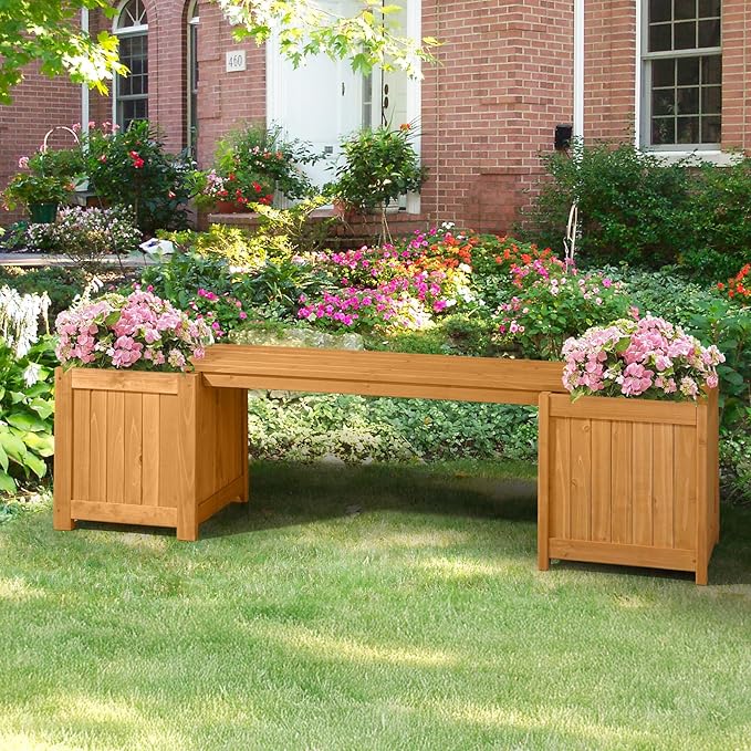 VINGLI Outdoor Wood Bench with Planter Boxes, 2-in-1 All-Weather Porch Bench Seat & Open-Ended Wooden Raised Garden Bed, for Balcony Yard Patio (2 Boxes)