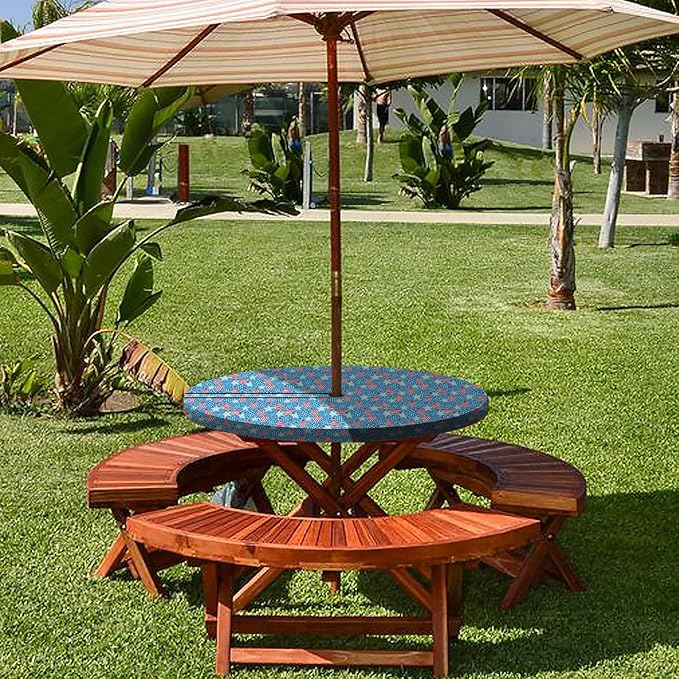 Fitted Round Outdoor Table Cloth with Umbrella Hole and Zipper Patio Heavy Duty Polyester Stain Resistant Cover for 36-44" Tables Camper Motorhome Must Haves White Elephant Gifts for Adults