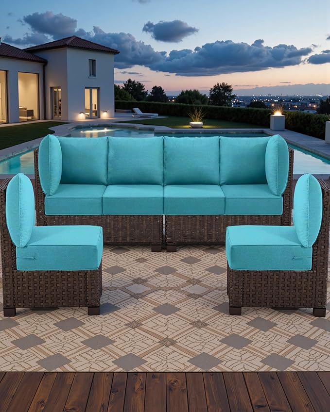 Luxury 24x24x6 Outdoor Furniture Cushions for 6-Seat Sectional Sofa Set of 6 - Water-Repellent 14-Piece Patio Cushion Set for Outside Wicker Loveseat Chair L-Shape Couch - Turquoise/Classic