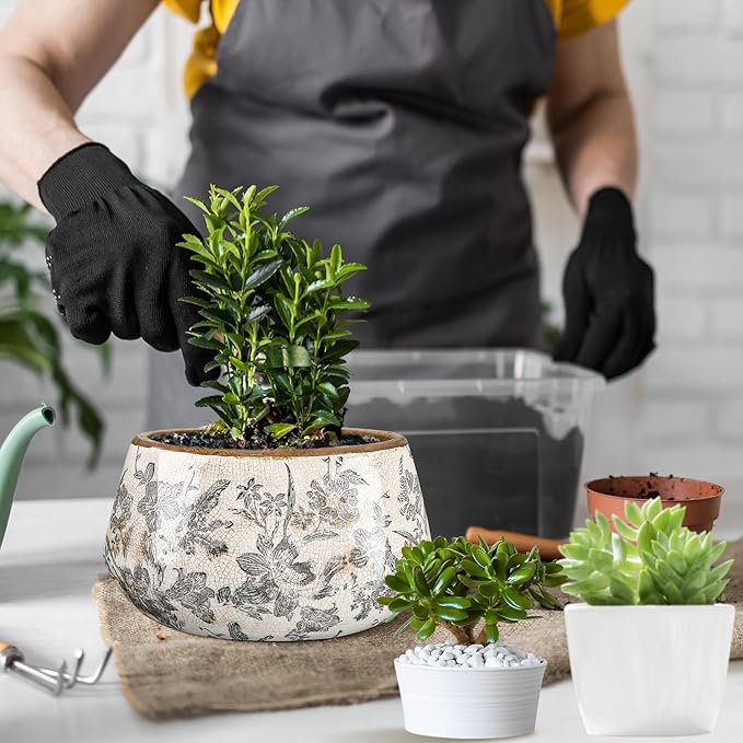 7.8 Inch Large Vintage Ceramic Planter Ice Crack Glaze Gray Lily Floral Flower Pot with Drainage Hole Rustic Decorative Plant Pots Gifts for Home Kitchen Office Indoor Outdoor Plants