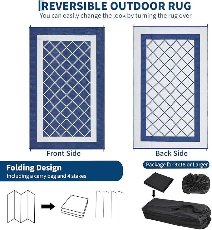 Outdoor Patio Rug 9x18 Waterproof Plastic Reversible Rug Modern UV Resistant Foldable Camping Mat Contemporary Geometric Outdoor Floor Mat for RV Backyard Deck Blue/White