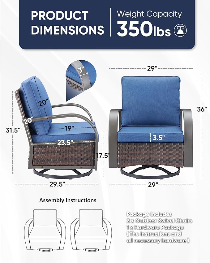 HUMMUH Patio Swivel Glider Outdoor Chair-All Weather Rattan Wicker Patio Swivel Rocking Chairs Porch Chair for Deck Porch Lawn Garden Backyard-Brown/Blue