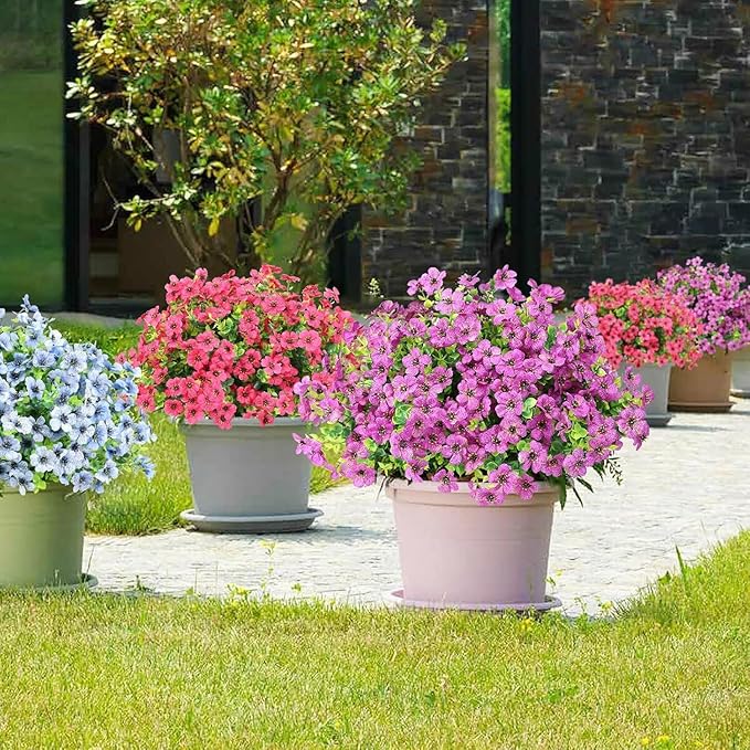 Artificial Flowers Outdoor Faux Plants UV Resistant Fake Patio Flowers Plastic Greenery Plnats Outside Bulk for Spring Garden Hanging Planter Home Vase Decor, 24 Bundles (Purple)