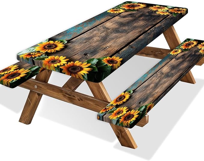 Picnic Table Cover with Bench Covers Wood Sunflower Flowers Wooden Floral Waterproof Windproof Fitted Outdoor Tablecloth with Elastic Rectangle Table Cloth Camping Accessories,96x30 Inch
