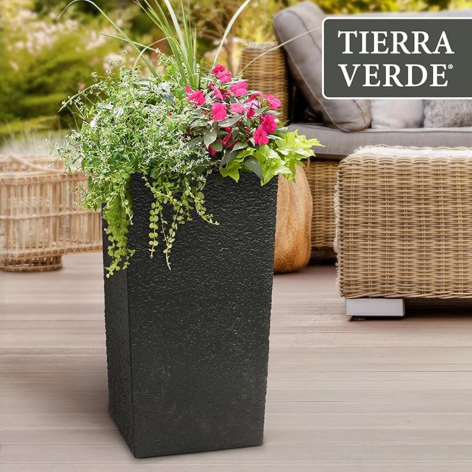 Tierra Verde Indoor & Outdoor Self-Watering Square Planter, Citadel Stucco, 13.5" x 26", Black - Planting Containers for Plants and Flowers - Gardening and Landscaping Accessories